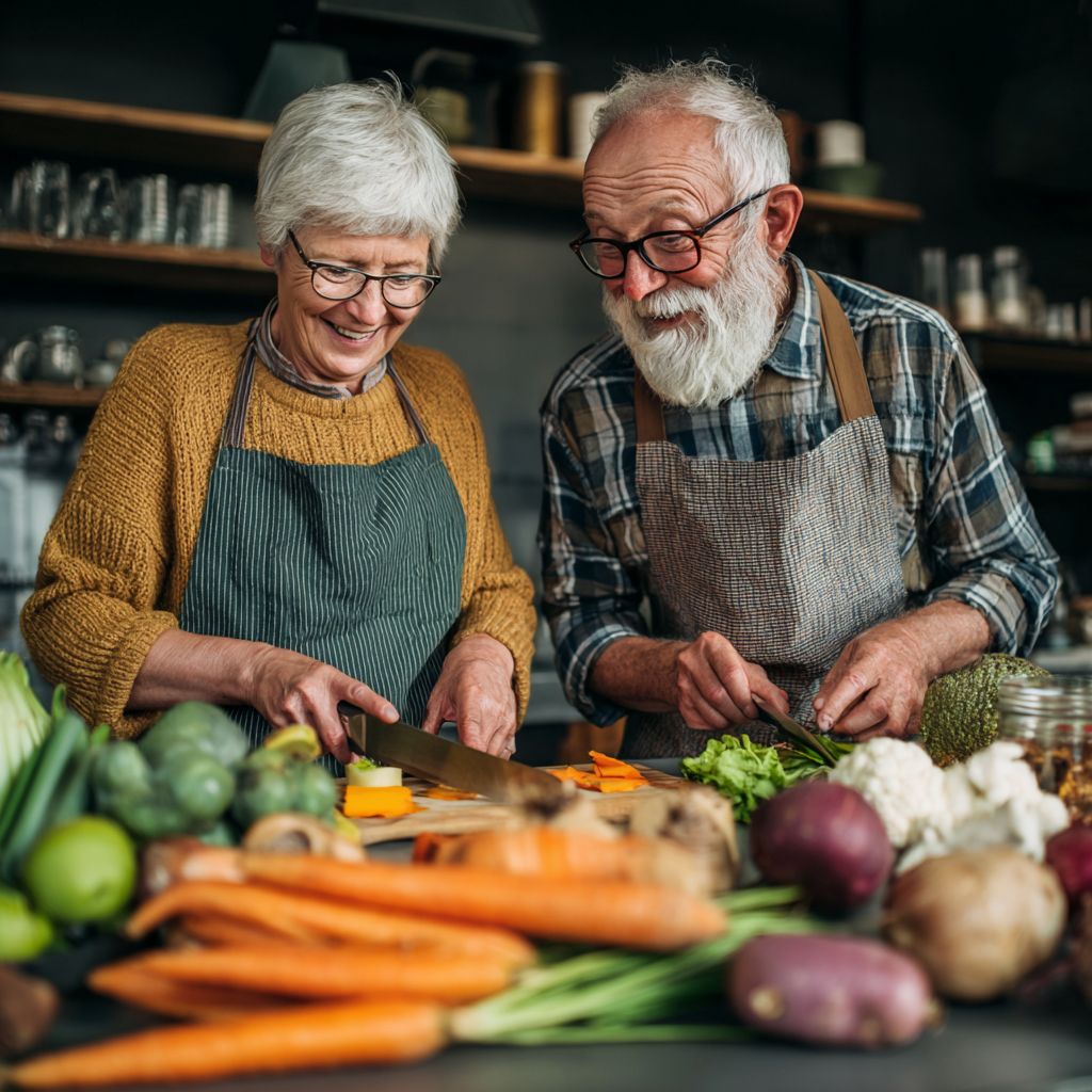 healthy meal planning with fresh ingredients and elderly couple cooking together
