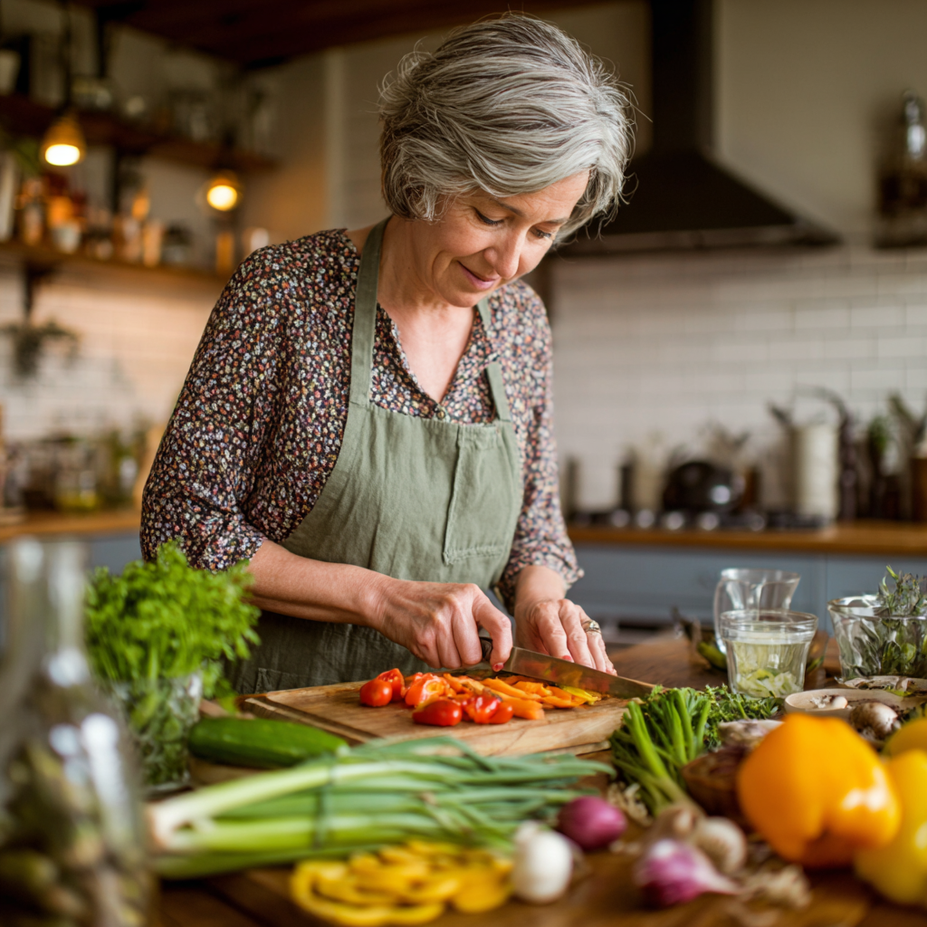 middle aged woman preparing healthy meal with fresh vegetables